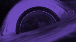 A stylized, purple-tinted depiction of a black hole in space, showing a glowing accretion disk and a star-filled background.