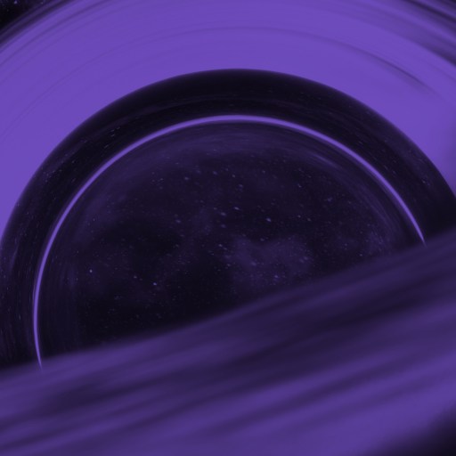 A stylized, purple-tinted depiction of a black hole in space, showing a glowing accretion disk and a star-filled background.