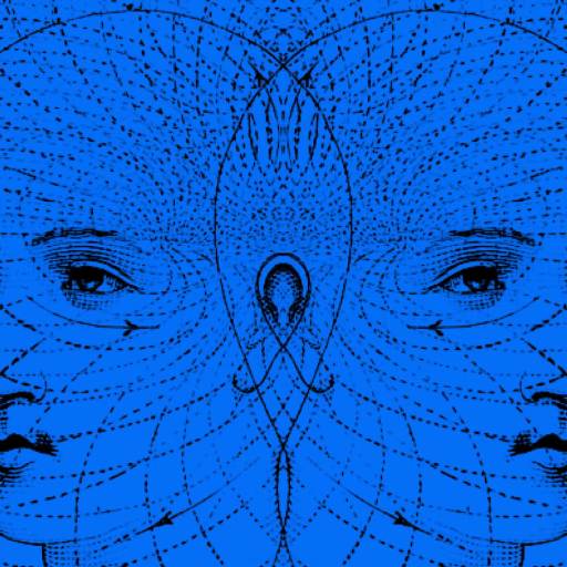 Two mirrored human faces with dotted lines and patterns radiating outward, set against a solid blue background, suggesting connectivity or symmetry.