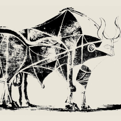 Black and white abstract drawing of a bull with geometric shapes and bold outlines, standing on a plain background.