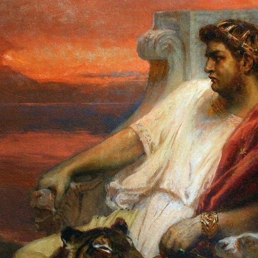 A painting of Nero sitting on a throne with a loyal dog.