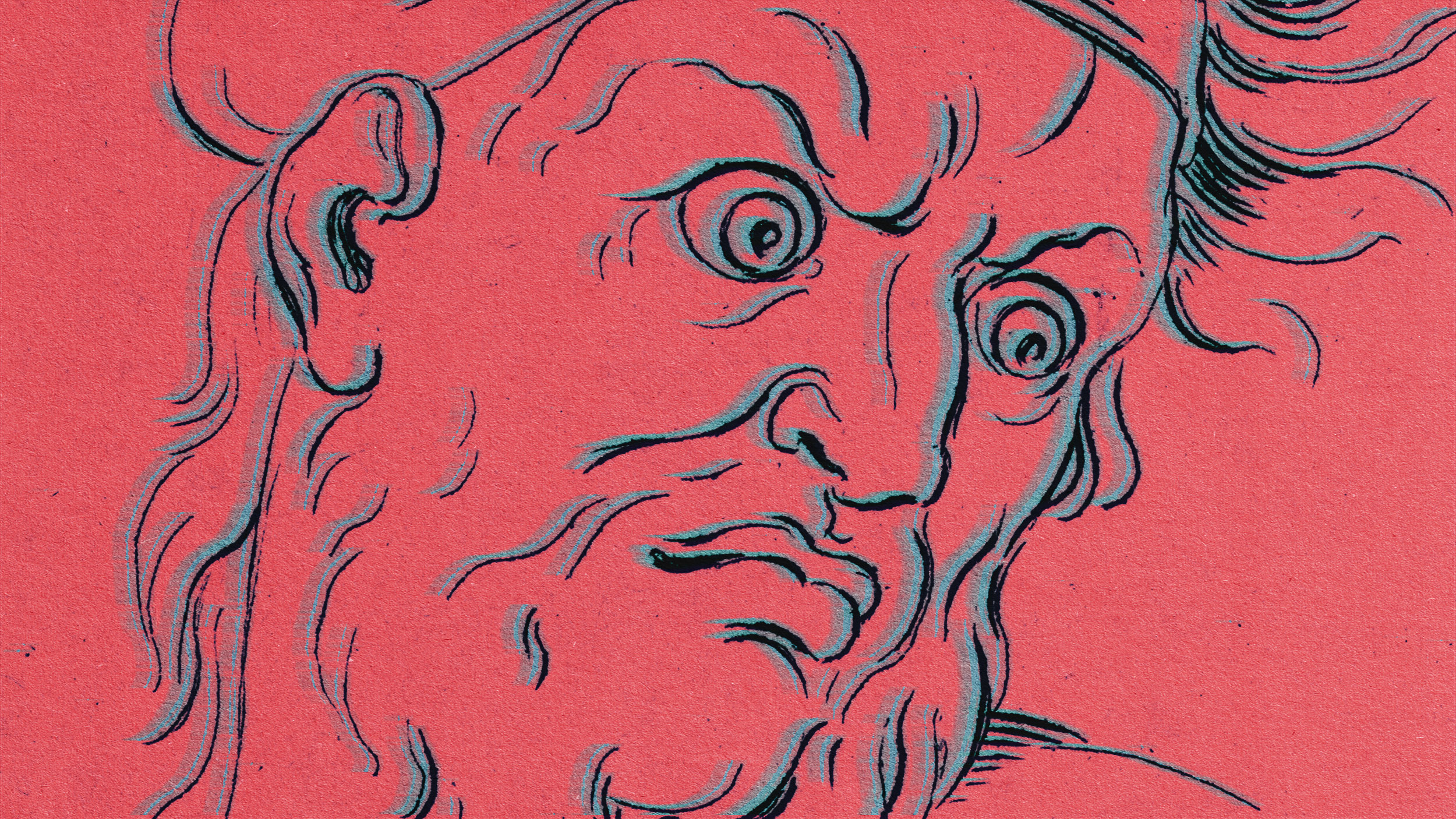 A drawing of a man with a beard on a red background.