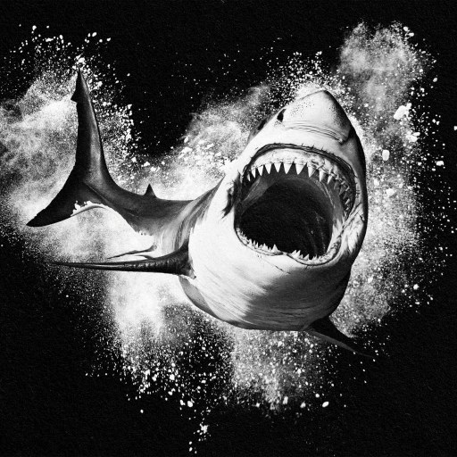 A black and white drawing of a **shark** with its mouth open.