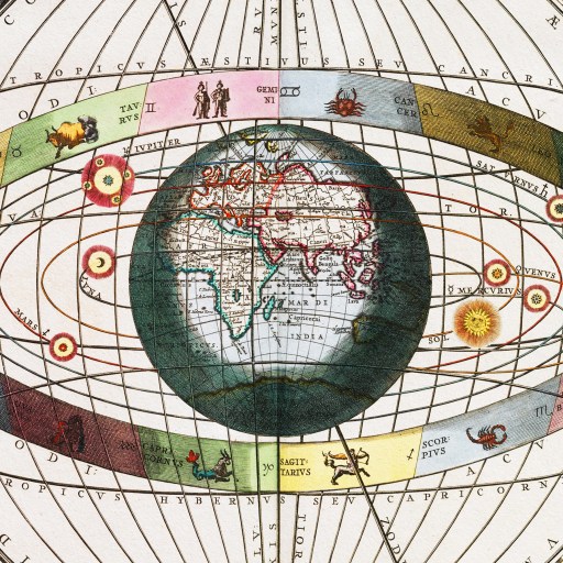 A Copernican-inspired map of the world showcasing a central globe.