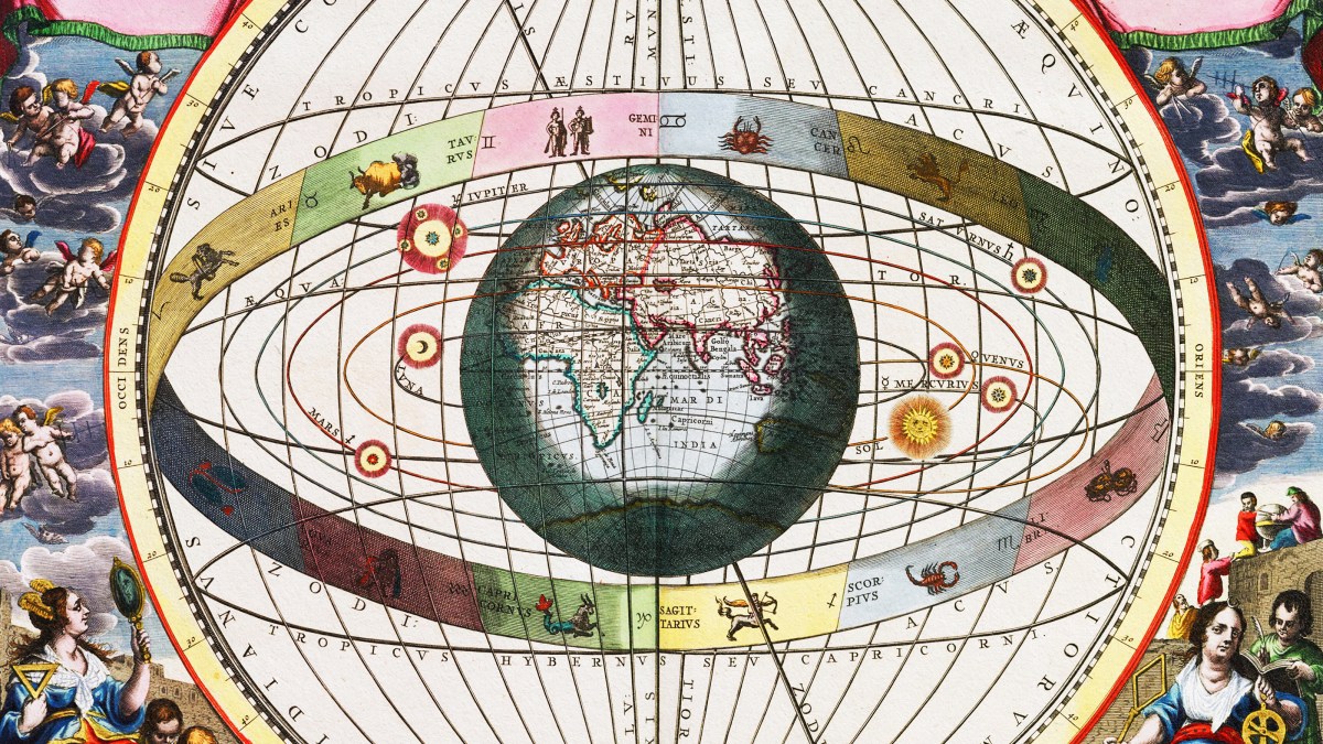 A Copernican-inspired map of the world showcasing a central globe.