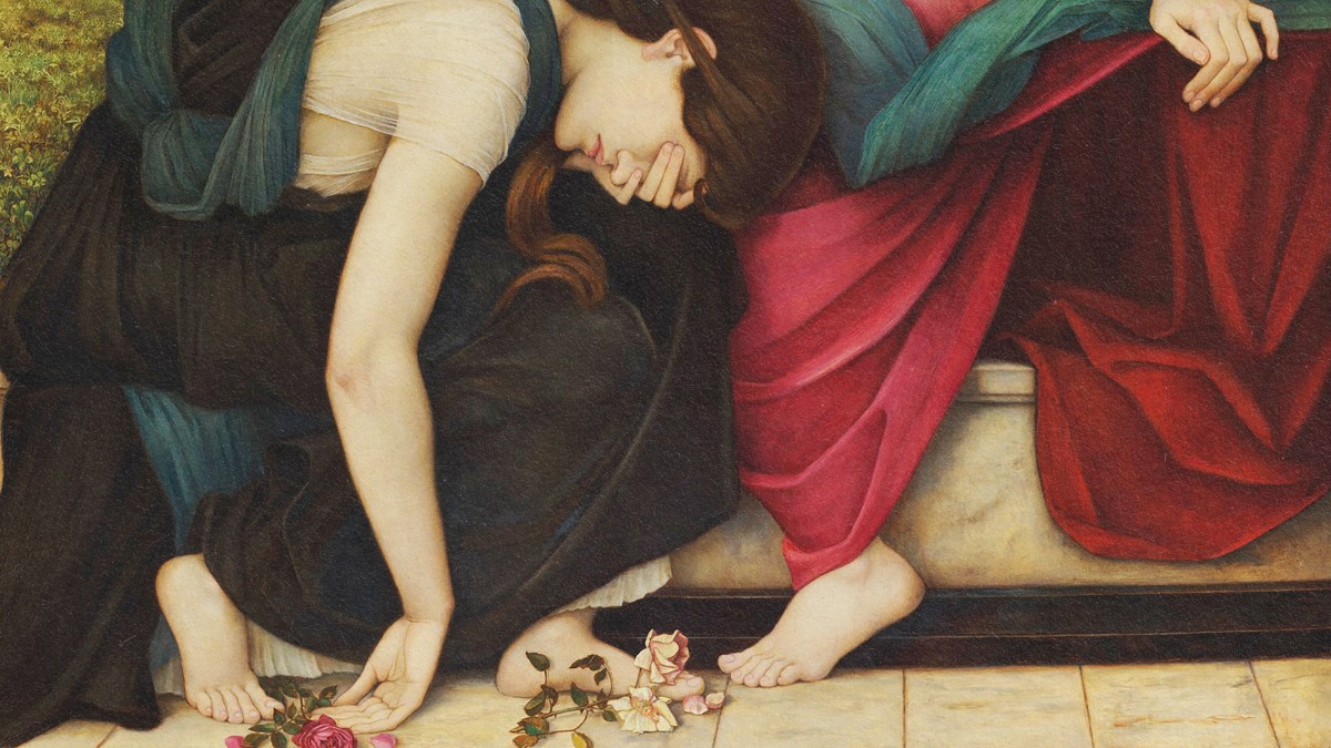 Keywords: grief, flowers

Description: A depiction of a sorrowful woman surrounded by flowers, symbolizing the stages of grief.