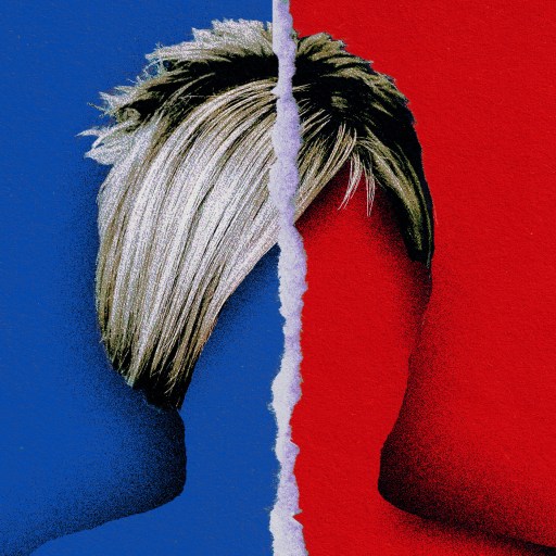 A woman's head is cut in half, eliciting diverse thoughts with a blue and red background.