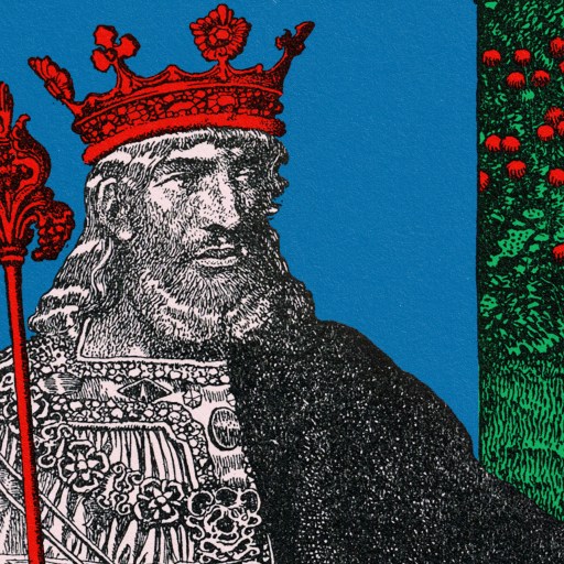 An illustration of a royal holding a red apple.