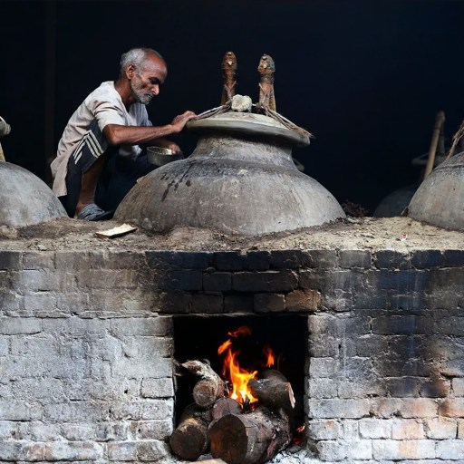 A man is using mitti attar on a clay pot in front of a fire.