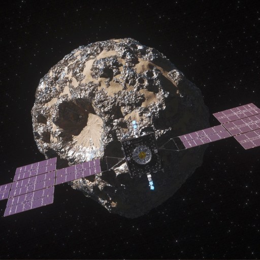 An artist's rendering of a spacecraft near an asteroid.
