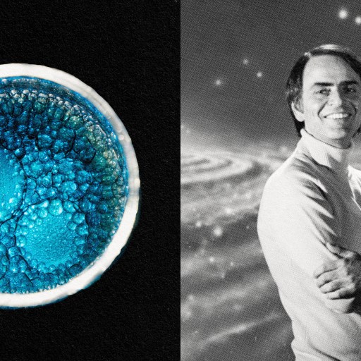 An image of a spiritually enlightened man posing with a celestial blue ball in tribute to Carl Sagan.