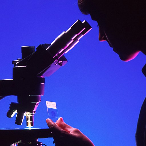 A person making medical breakthroughs by looking through a microscope.