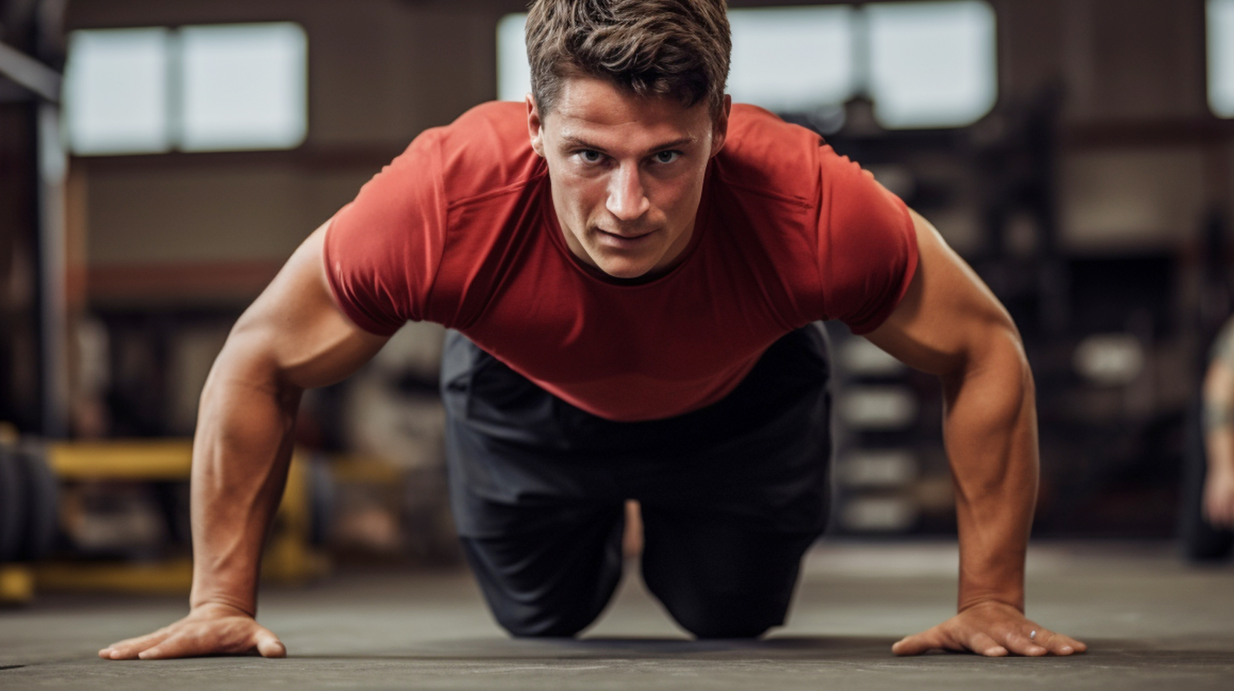 A man doing push ups in a gym.