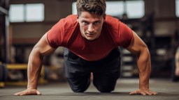 A man doing push ups in a gym.