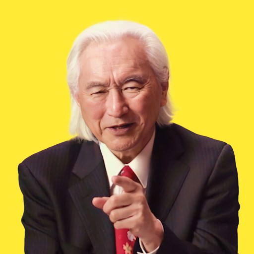 A man in a suit is pointing his finger at a yellow background, referencing string theory.