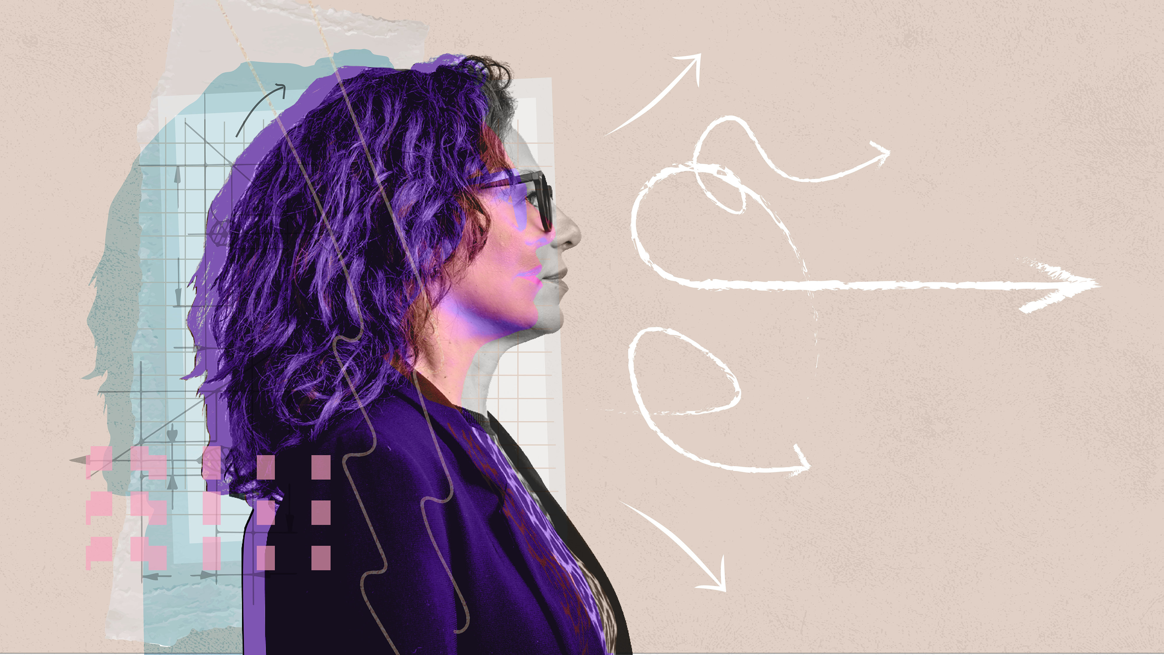 A portrait of a woman with purple hair and arrows.