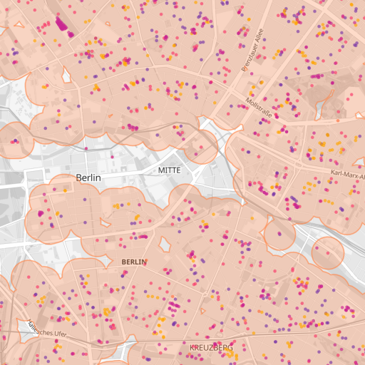 A map of a city with a lot of pink dots.