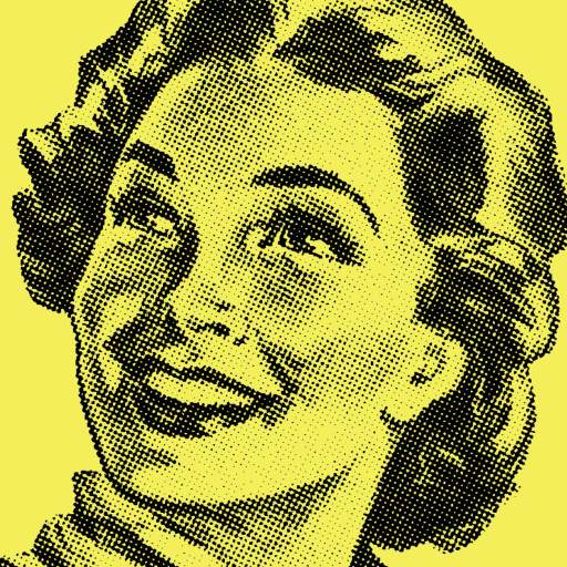 Black and yellow halftone illustration of a smiling woman with wavy hair, shown from the shoulders up, in a vintage pop art style.