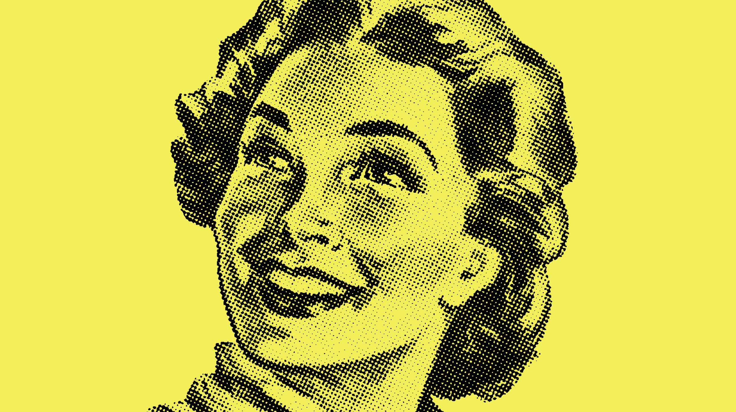 Black and yellow halftone illustration of a smiling woman with wavy hair, shown from the shoulders up, in a vintage pop art style.