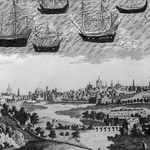 A black and white drawing of ships flying over a city.
