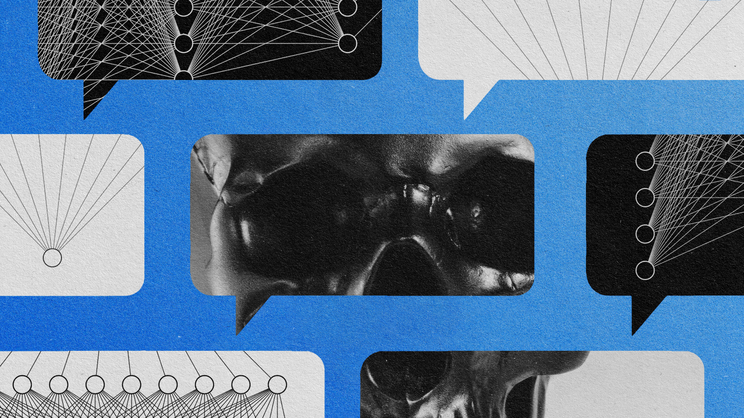 A black and white image of a skull with speech bubbles depicting death.