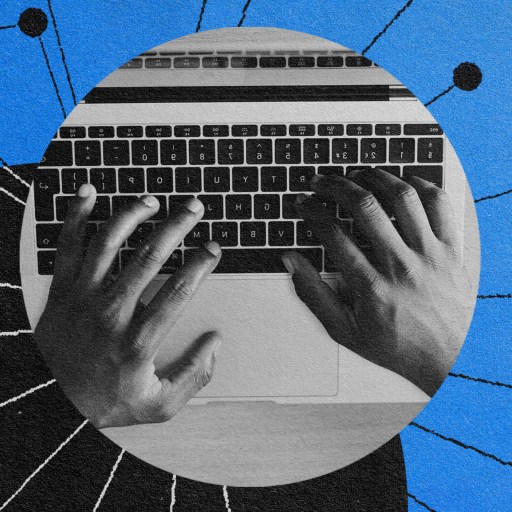 A black and white illustration of a person typing on a laptop within the workforce ecosystem.