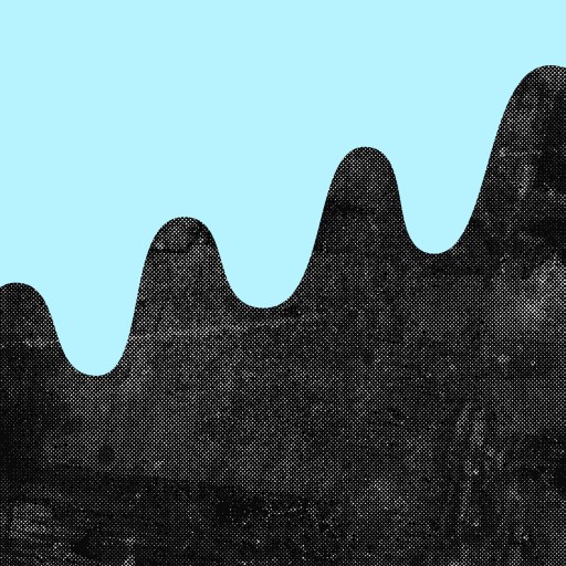 A monochrome representation of a wave amidst a blue backdrop.