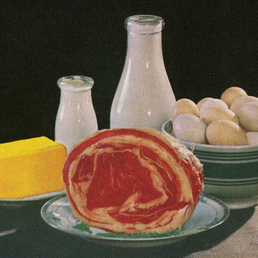 A table with a painting of protein-rich food.