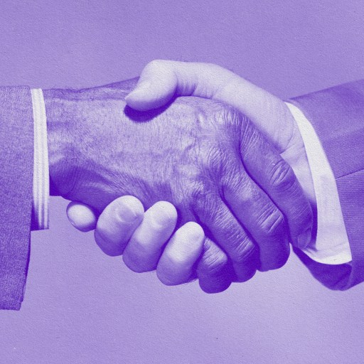 Two data-smart leaders shaking hands in front of a purple background.