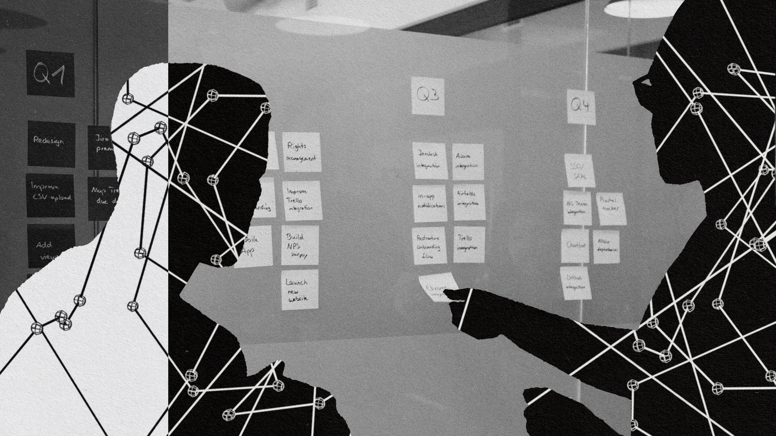 A group of people practicing agile innovation while looking at a wall.