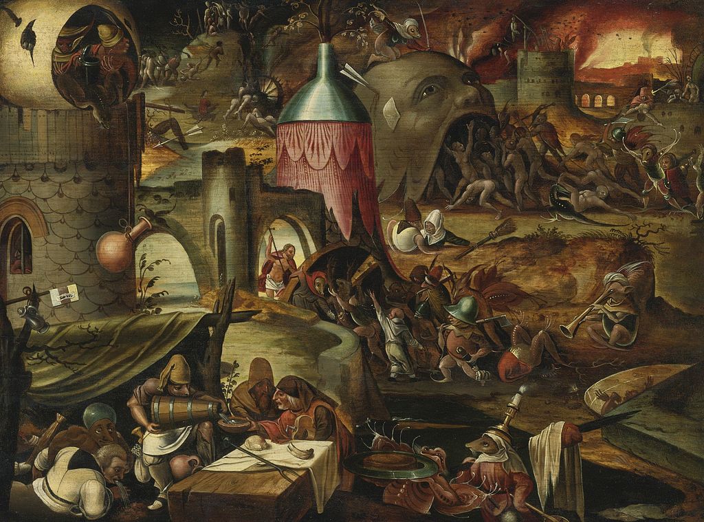 A painting of a scene with people in a castle.