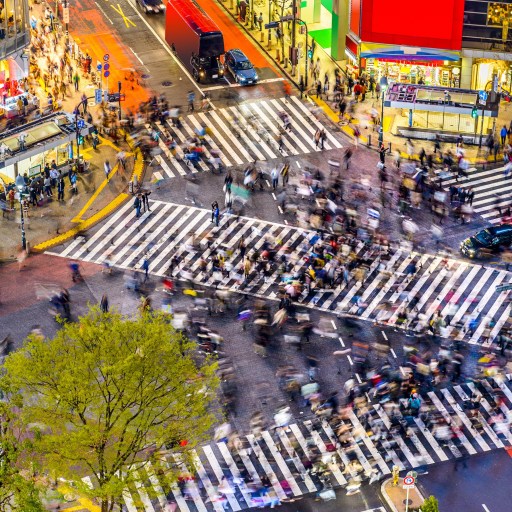 An aerial view of a populous intersection in Tokyo, Japan.