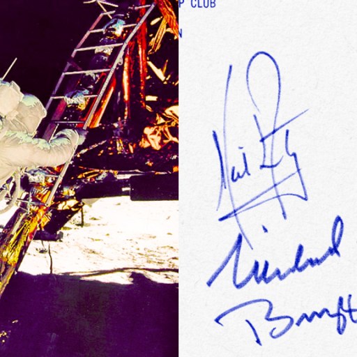A photo of an astronaut on the moon and a signed letter from Apollo 11.