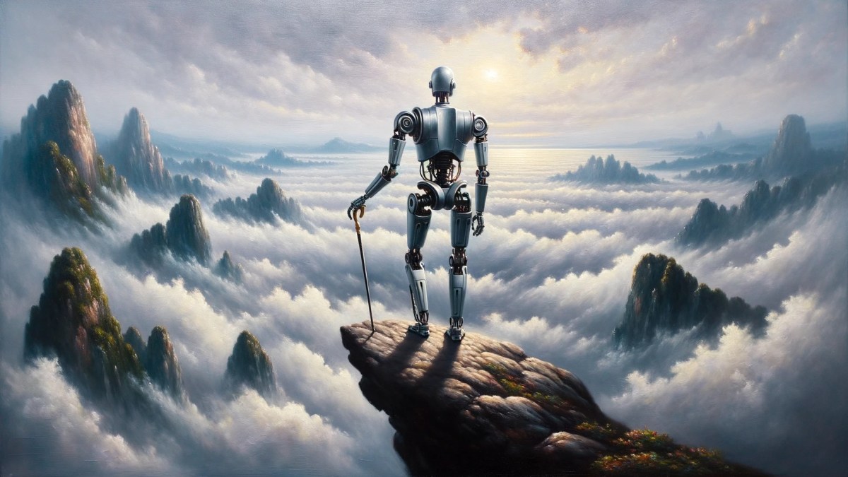 A painting of a robot standing on top of a cliff.