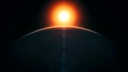 A bright sun rises over the curved horizon of a dark planet in space, with a faint glow outlining the planet’s edge against a starry background.
