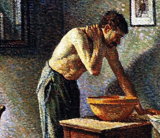 A painting of a man washing his hands.