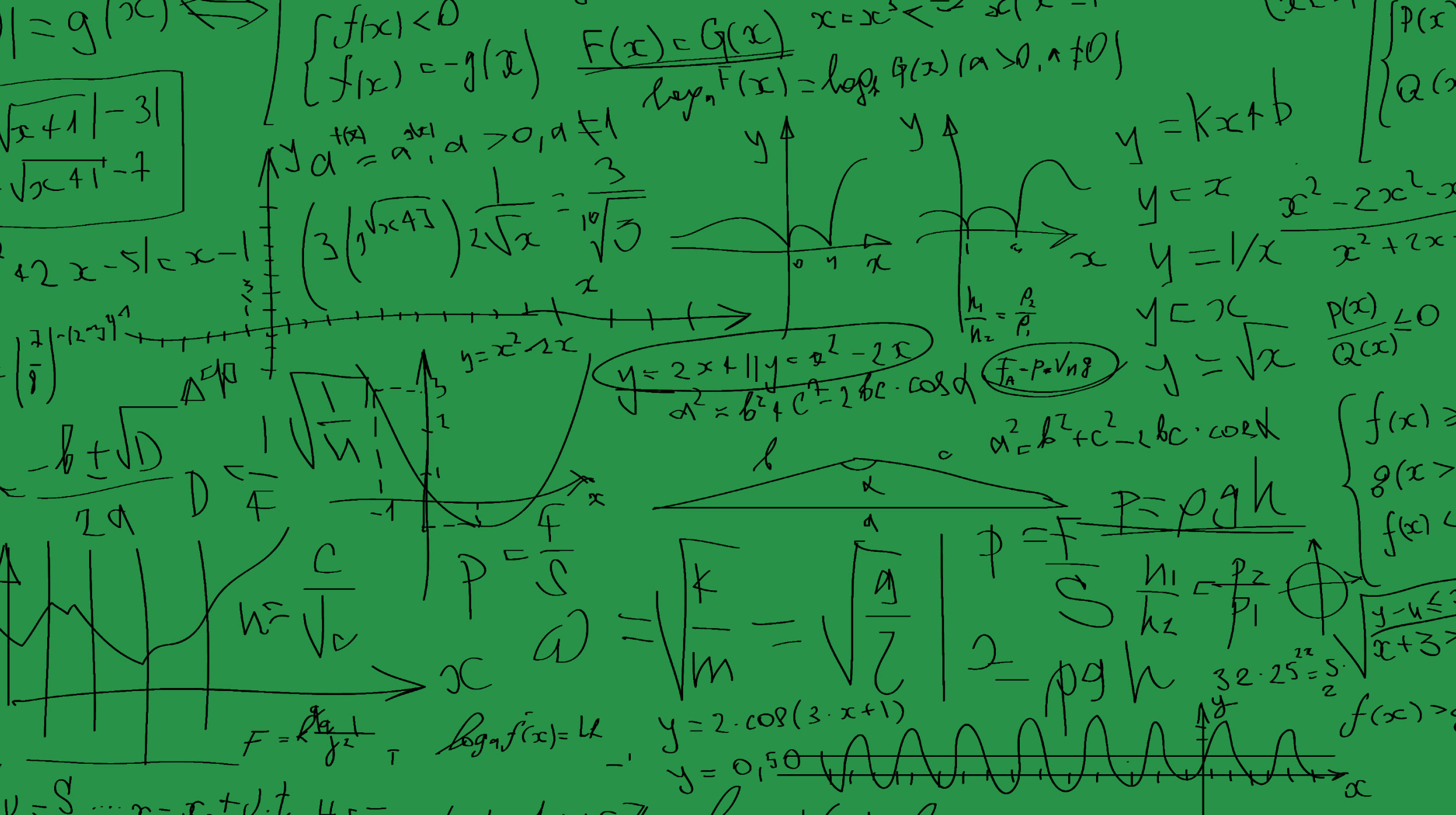 Green chalkboard filled with various mathematical equations, graphs, and formulas written in black marker.