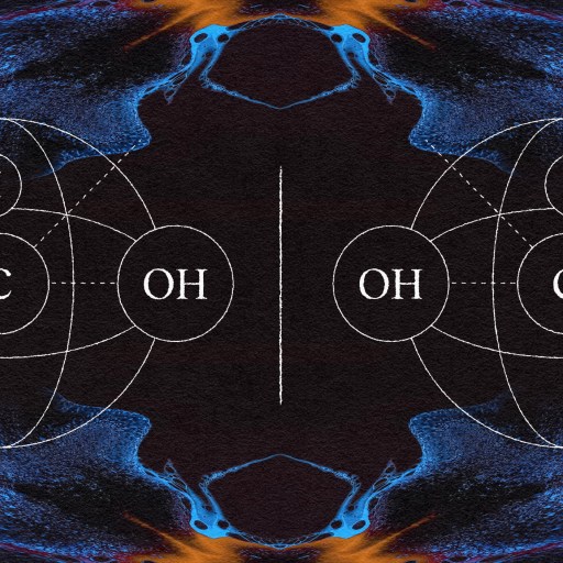 A black and blue image of a chemical symbol featuring mirror image.