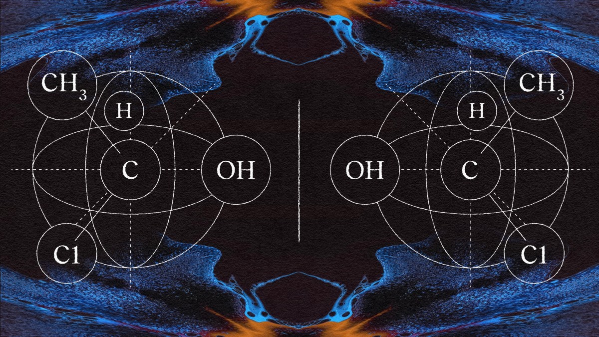 A black and blue image of a chemical symbol featuring mirror image.