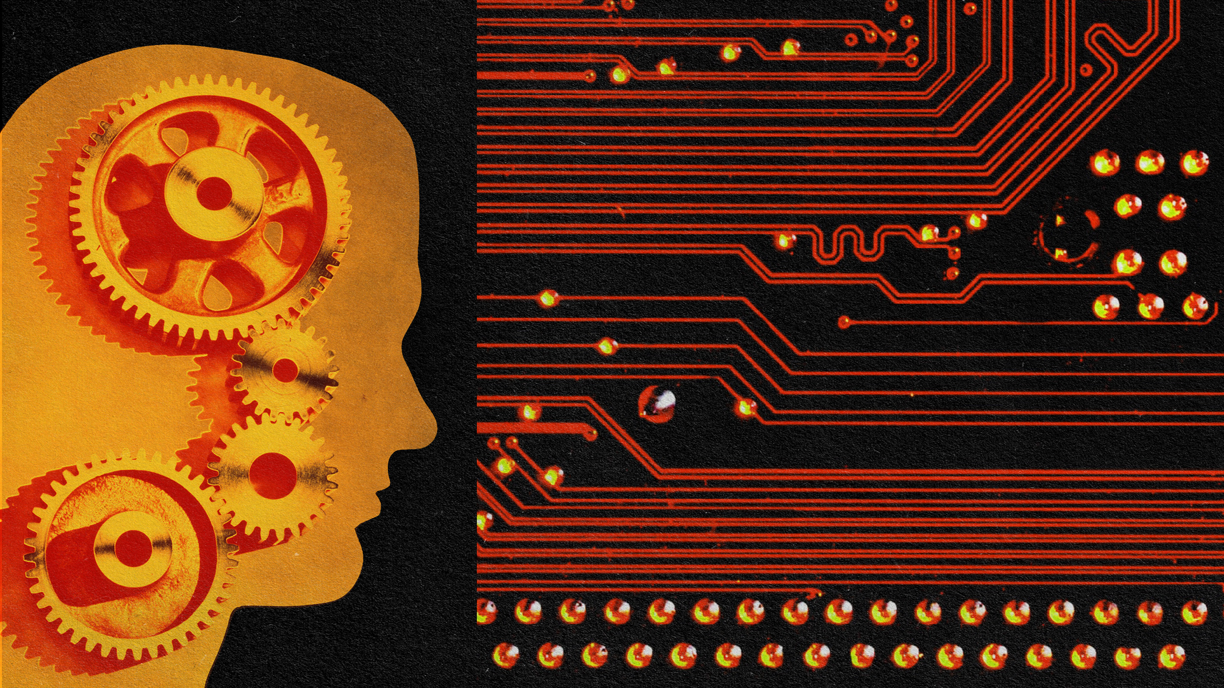 An image of a man's head with gears representing the fusion of free will and AI.