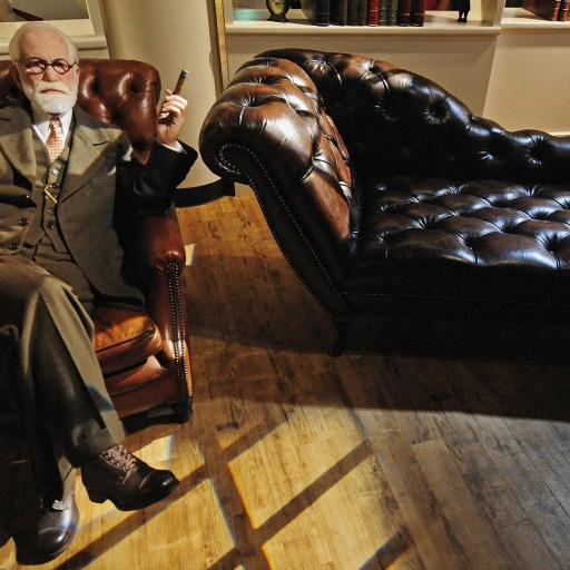 A man sitting in a leather chair, contemplating psychology.