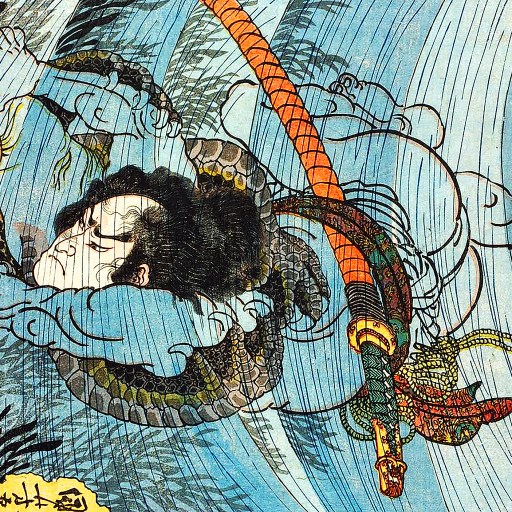 A Japanese painting of a man in water.