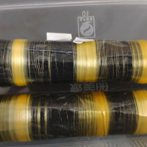 Two black and yellow strips of string in a plastic container.