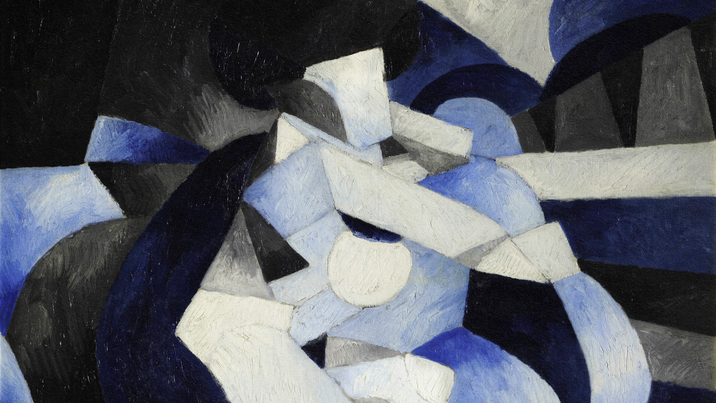 A QBism-inspired painting of a woman in blue and black.