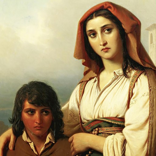 A Strauss-Howe inspired painting depicting the bond between a woman and a boy.