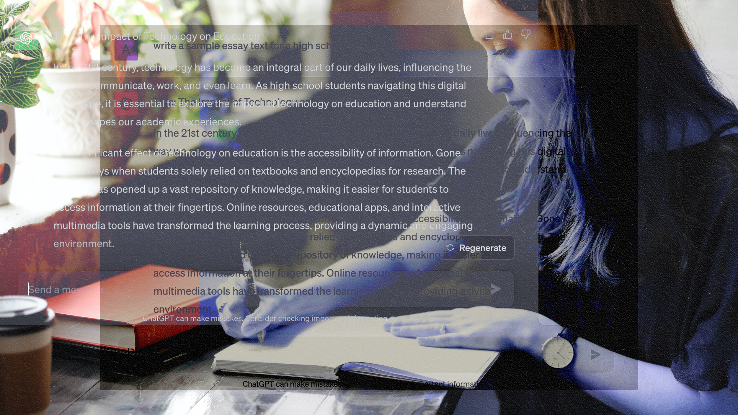 A woman jotting down her thoughts in a notebook using ChatGPT.