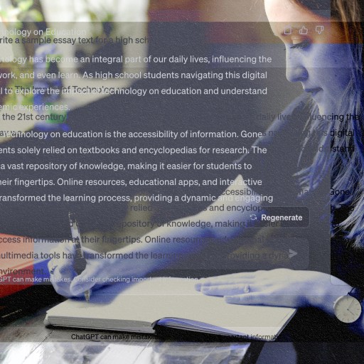 A woman jotting down her thoughts in a notebook using ChatGPT.