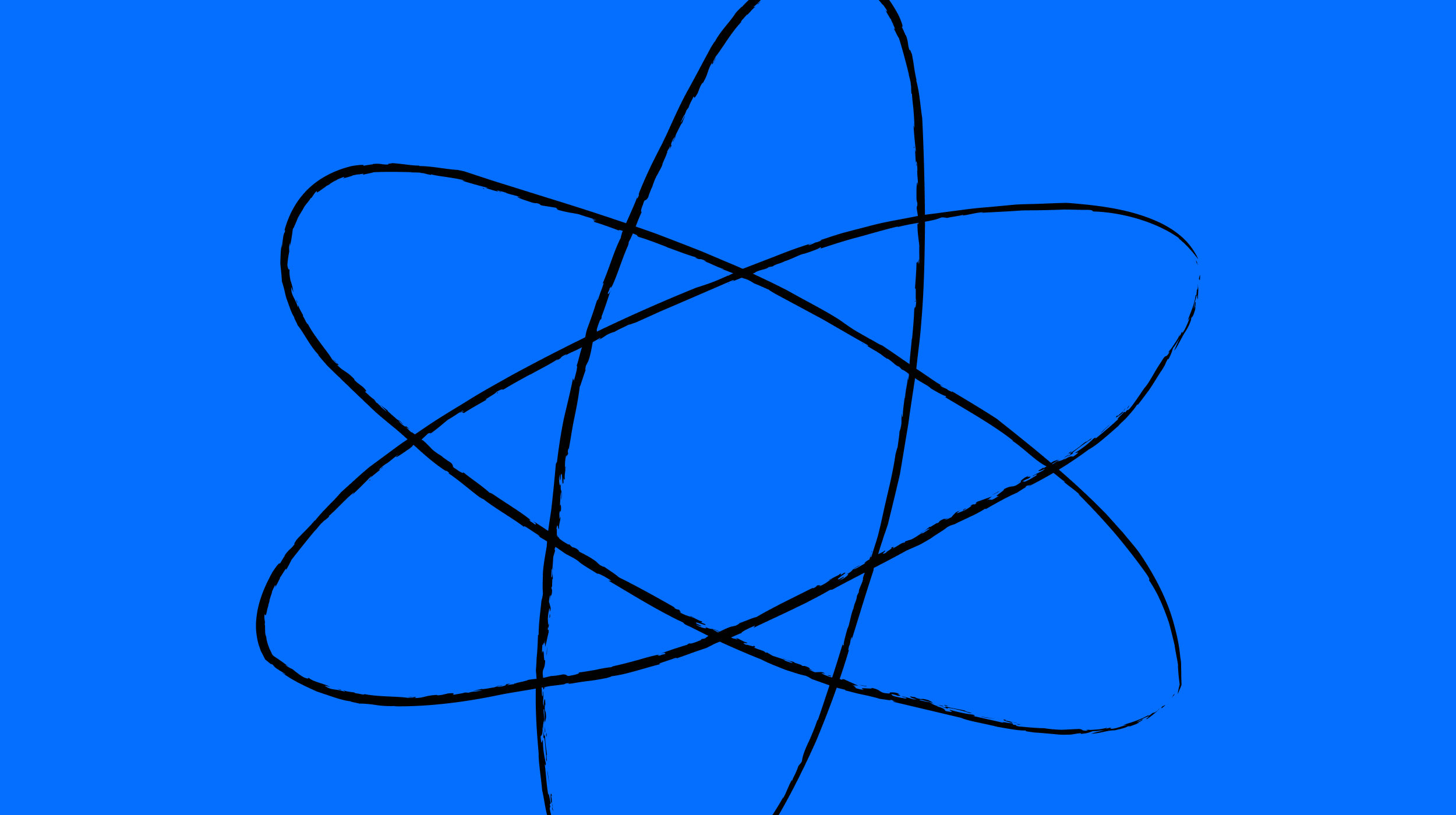 Black outline of an atomic symbol with three intersecting ellipses on a solid blue background.
