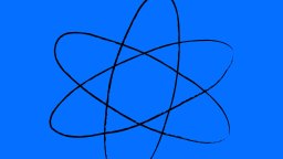 Black outline of an atomic symbol with three intersecting ellipses on a solid blue background.