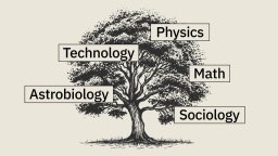 A tree diagram with branches labeled Astrobiology, Technology, Physics, Math, and Sociology, representing different academic disciplines.